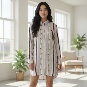 Peter Alexander Pink & White Stripe Cotton Nightshirt Front Pocket Long Sleeve M